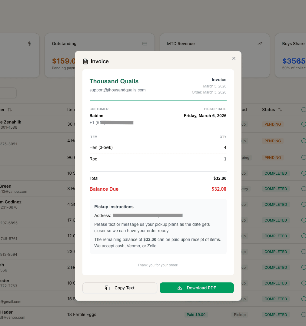 Invoice generation with farm branding, customer details, itemized order, balance due, pickup instructions, and PDF download