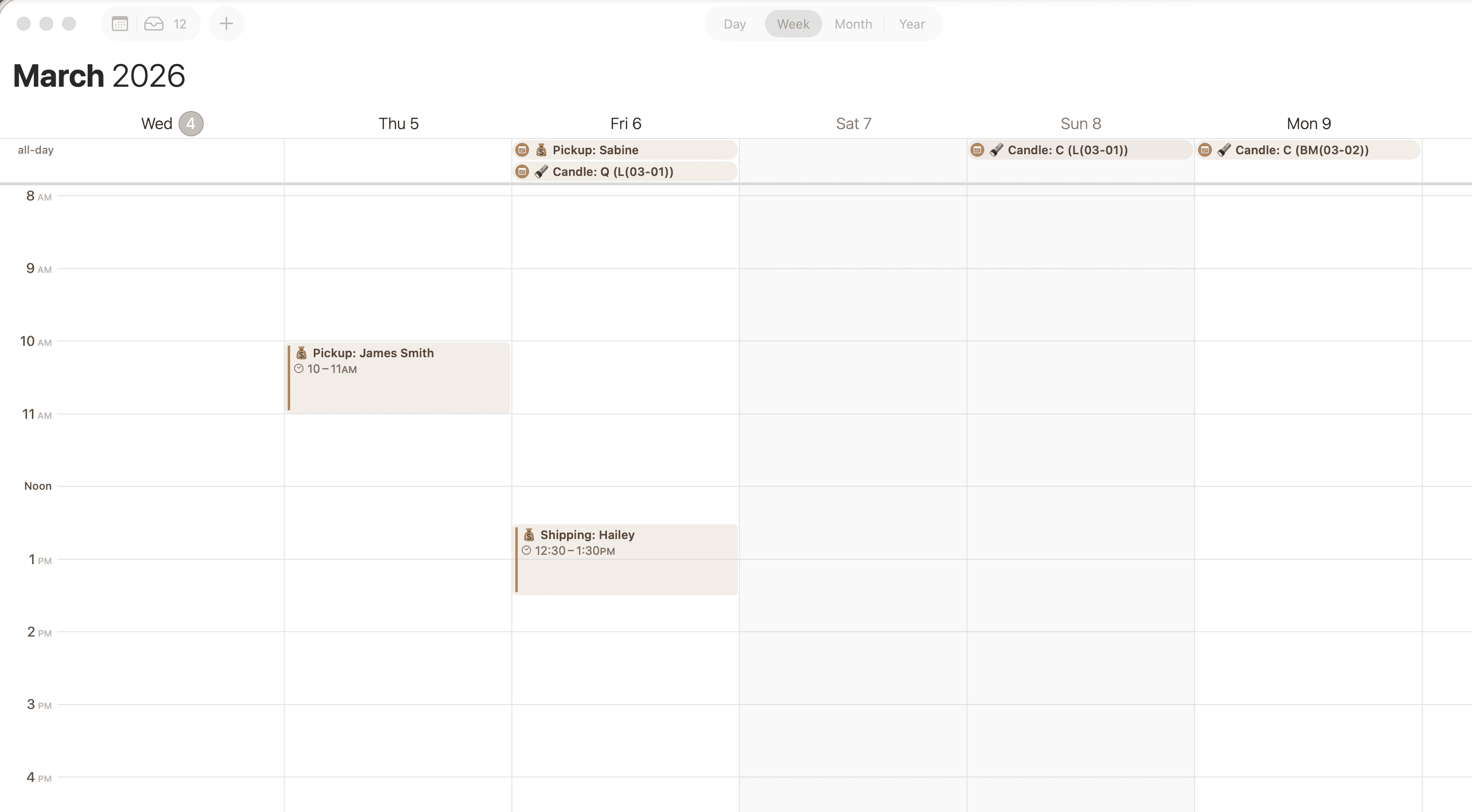 Apple Calendar weekly view showing synced FlockBase events including sales pickups with times and candle day reminders