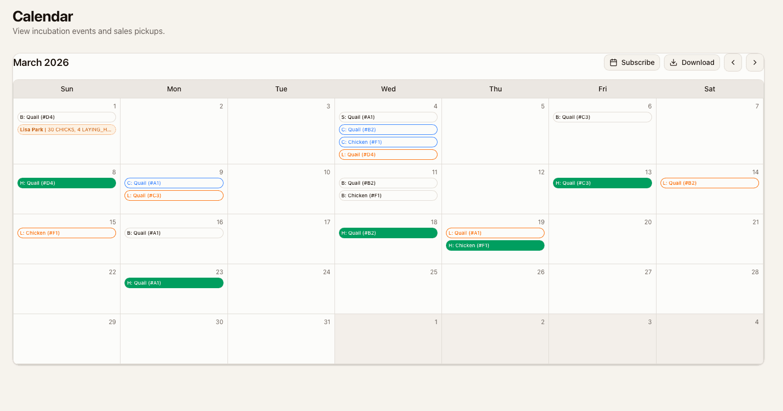 Monthly calendar view showing color-coded incubation events (set, candle, balut, lockdown, hatch) and sales pickups across multiple batches