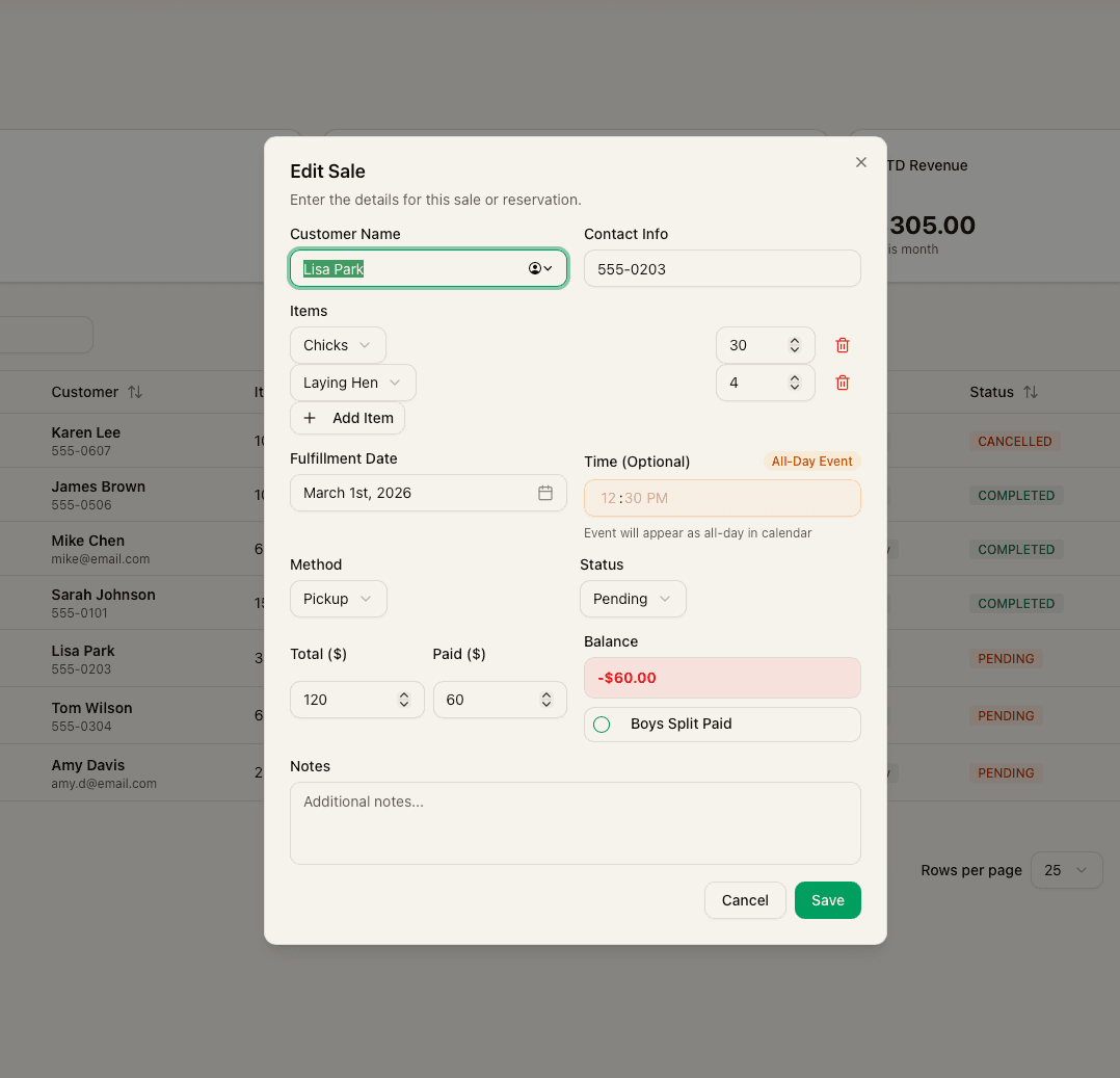 New sale form with customer info, item categories, quantities, fulfillment date picker, payment tracking, and calendar integration